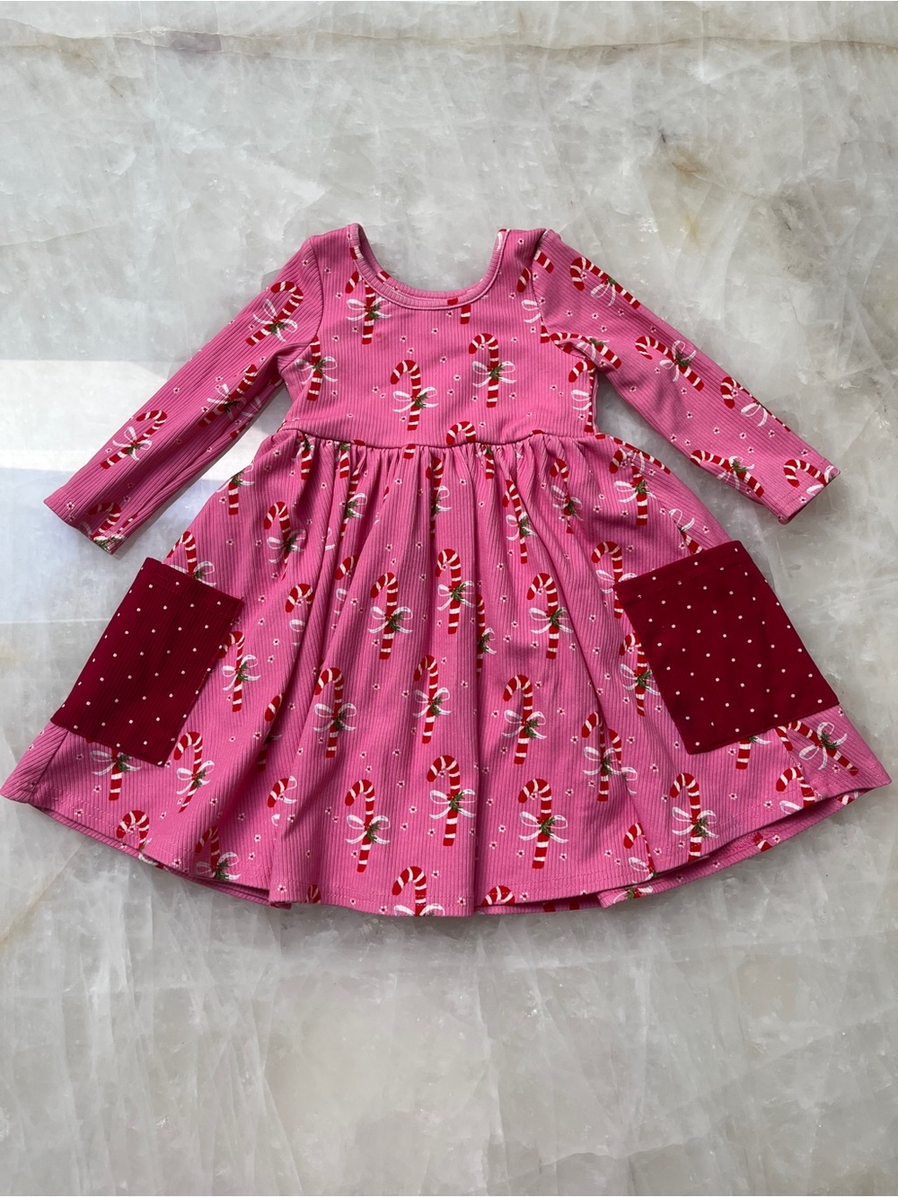 SweetHoney Pink Candy Cane Print Long-Sleeve Twirl Dress with Red Pockets